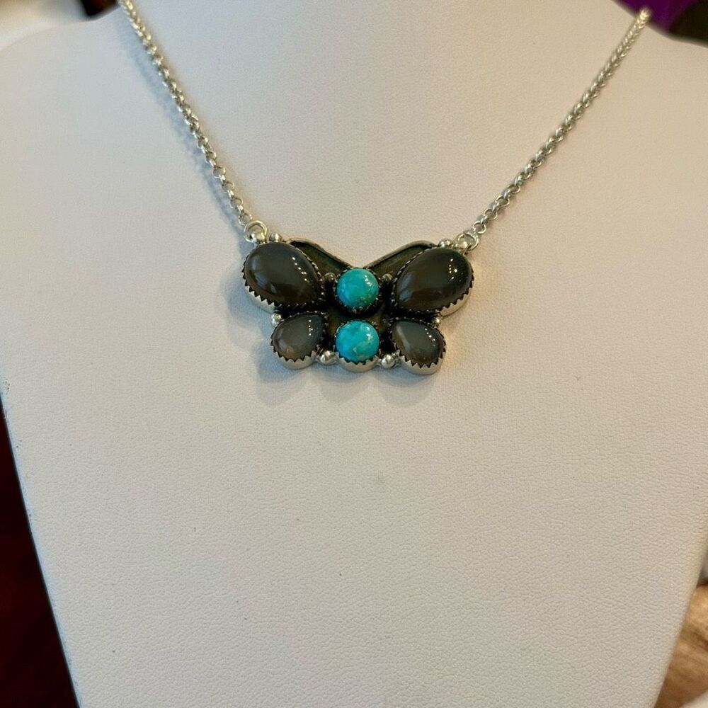 Stunning Turquoise & Labradorite Butterfly Pendant Necklace Sterling Silver New